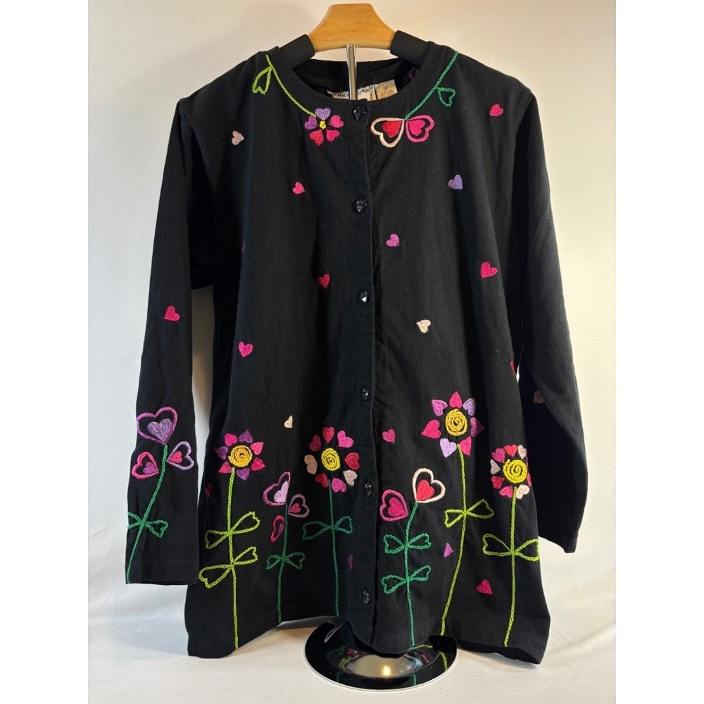 Michael Simon Lite Black Embroidered Hearts Floral Button Cardigan Size M